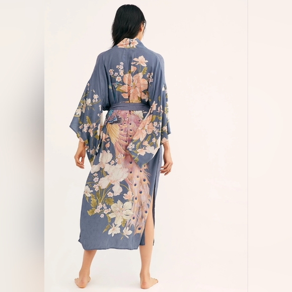 New Gypsy Floral Print Peacock Kimono Maxi Duster Jacket Robe Dusty Blue - Picture 2 of 13
